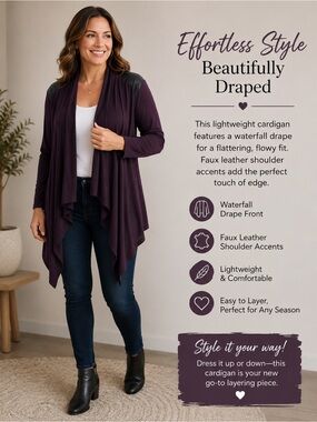 Lightweight Dark Purple Waterfall Cardigan with Faux Leather Accents